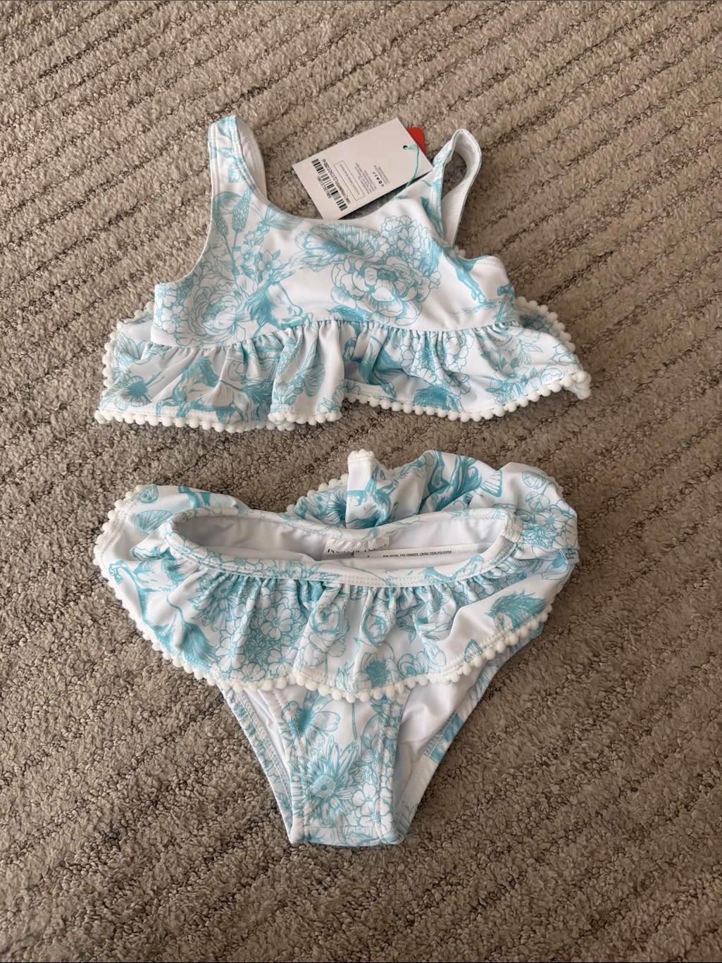 Posh Peanut. Two-Piece Ruffle Floral Swim Set In White & Light Blue